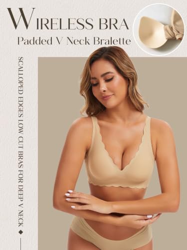 Image of Seamless Wavy Bra Wireless Jelly Bralette Low Cut Deep V Neck Bras | Adjustable Straps, Sexy Plunge Bra, Removable Pads, High Elastic Fabric, Scalloped Edges, Deep V Bras for Women No Underwire