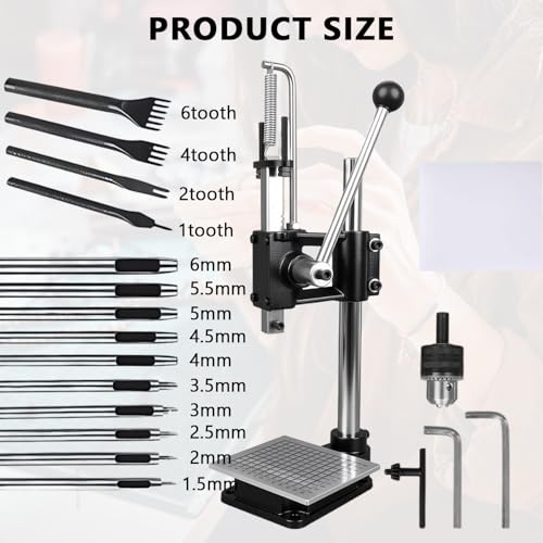 Leder Stanzmaschine, Leder Locher Werkzeug Lochmaschine mit Aluminiumplatte Set 4 Zinken + 10 Lochstanzern, Lederpresse Werkzeug, Dornpressenset für Lederhandwerk, für DIY Lederwerk zum Lochen