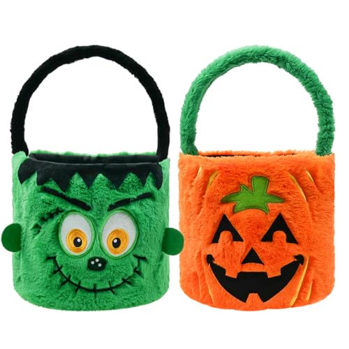 Image of Dia 7.9 inch * H 15.7 inch, Plush Halloween Baskets Trick or Treat Bags Halloween Candy Bucket, Gift Bucket for Party Favor Supplies (2Pcs-Pumpkin&Hulk)