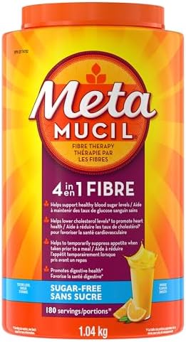 Metamucil, Daily Psyllium Husk Powder Supplement, Sugar-Free, 4-in-1 Fibre for Digestive Health, Orange Smooth Flavored Drink, 180 Servings