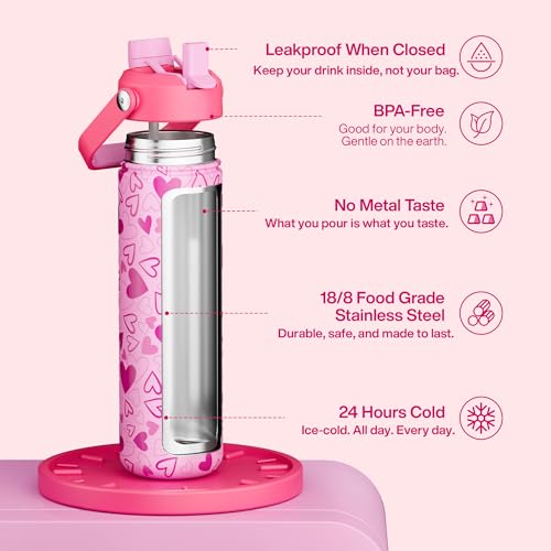 Image of ENCOOL Insulated Water Bottle with Straw Stainless Steel Water Bottle, Leak-Proof, BPA-Free, Keeps Cold for 24 Hours for Sports, Travel, School (26 oz, Sweet Hearts Pink x Pink)