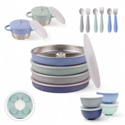 Image of Elk and Friends Kids Stainless Steel Mealtime Bundle | Plates, Bowls, Snack Cups + Toddler Utensils | Silicone Suction Sleeves + Travel Storage Lids | Meals + Snacks | Dishwasher Safe