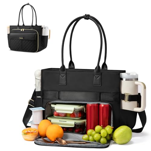 Image of LOVEVOOK 15.6 Inch Teacher Tote Bag for Women Work with Accordion File Area, Laptop Work Tote Bag with Laptop Compartment, nurse Handbag Bags with Large Capacity & Cup Holder, black