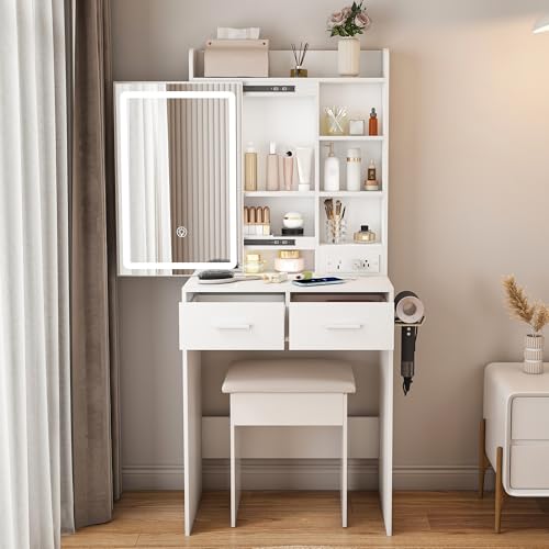 Small Vanity Desk Set with Lighted Mirror and Stool, Compact