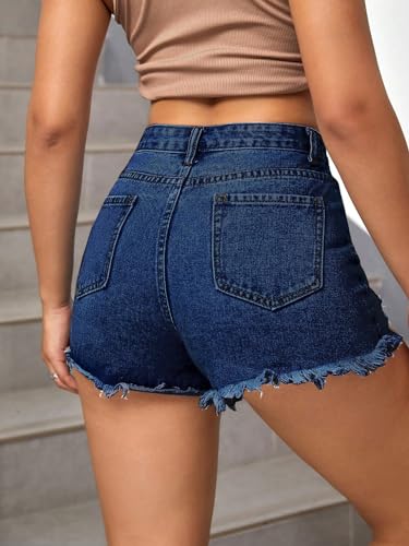 Image of Aahwan Blue Solid High Waist Ripped Raw Trim Denim Shorts Casual Summer Shorts for Women's & Girls