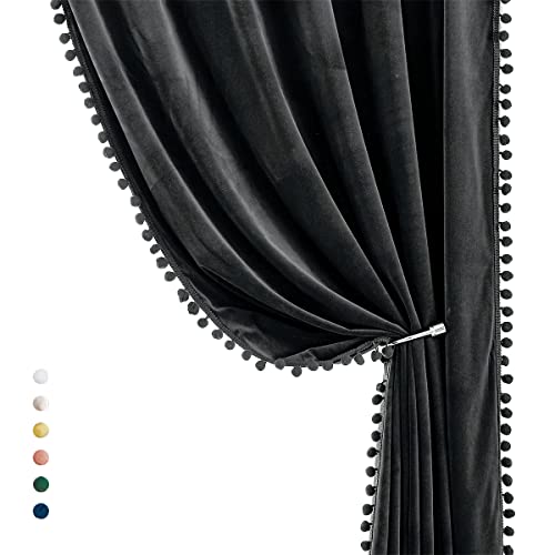 Pompom Charcoal-Grey Velvet Curtains for Bedroom Windows 84  Long Decorative Room Darkening Curtains for Living Room Dark Grey 42  w x 2Panels