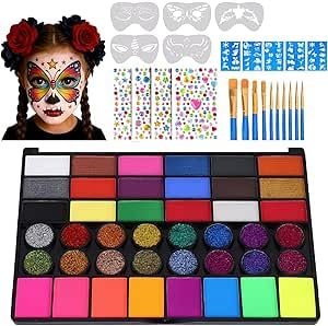 Face Paint Kit42 Colours Face and Body Painting Palette Body Paint Set with Stencils Safe Body Paints for Halloween Party Carnival Makeup Paint Non-Toxic