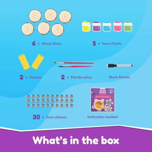 Image of Bloomingo Art & Craft Kit for Ages 4+ - Coastal Coasters - Wood Painting Art Kit | Easy-to-follow instructions | DIY kit for kids | 6 Wooden Coasters | Wood Painting | Beach-themed coasters | Crabs | Shells | Fish | Neon paints | Gem stickers | Create and decorate