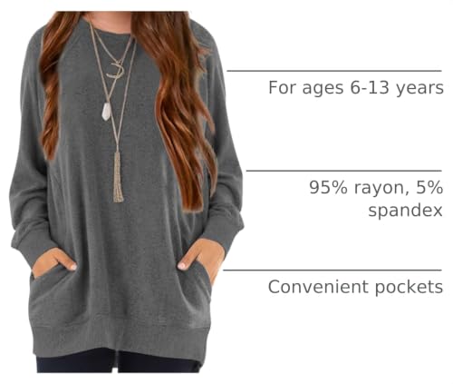 Image of Girls Shirts for 6-13 Years Long Sleeve Crewneck Tops with Pockets