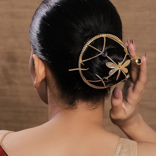 Image of Hair Bun Cage Accessory for Women | Handcrafted Brass Juda Cover with Stick | Anti-Tarnish Traditional Hair Accessory for Wedding & Festive (Dragonfly Blue Crystal Hair Bun (Golden))