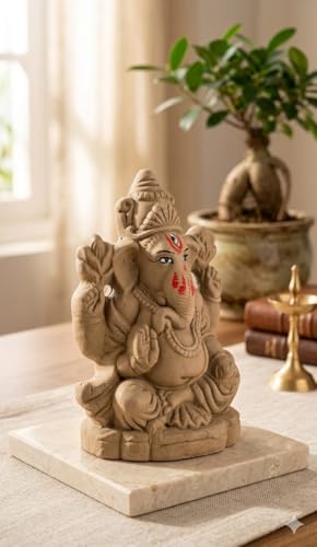 Image of SAUDEEP INDIA 4 Inch Mitti Ganesh Idol for Ganesh Chaturthi | Eco-Friendly Handcrafted Clay Ganpati Murti for Visarjan | Biodegradable Ganesha Statue for Home Pooja Decor & Gift Use