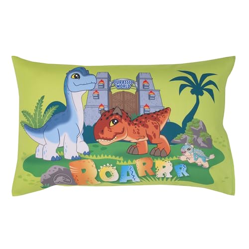 Image of NoJo Universal Jurassic World Explorers Welcome to Jurassic World, Green, Blue, and Tan Dinosaur 4 Piece Toddler Bed Set - Comforter, Fitted Bottom Sheet, Flat Top Sheet, and Reversible Pillowcase