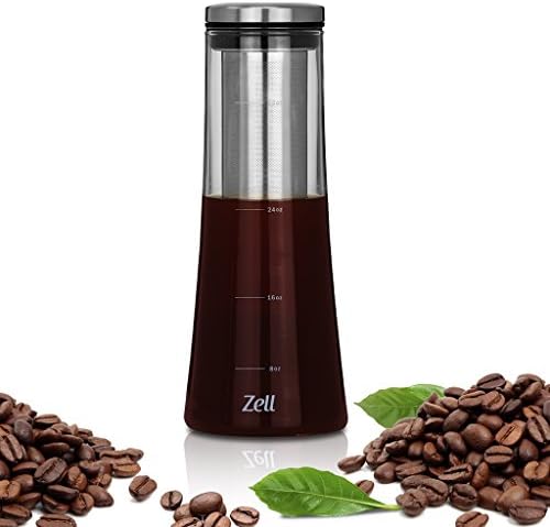 Zell Cold Brew Coffee Maker | Premium Borosilicate Glass| Fine Mesh Stainless Steel Filter | Perfect for Iced Coffee, Iced Tea or Fruit Infused Water | 1 Quart (1000 ml)