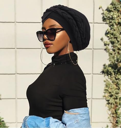 Image of DRESHOW African Women Turban Caps Cotton Beanie Twist Headscarf Pre-Tied Double Twisted Braids Wrap Hat Chemo Cancer Cap