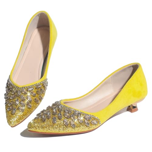 Women's Kitten Heels Low Heel Dress Shoes Closed Toe Pumps Rhinestone Pointed Toe Sparkly Back Bridal Wedding Party