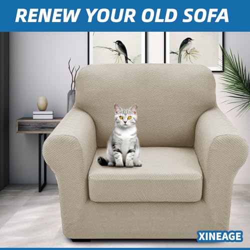 XINEAGE 2025 New 2 Pieces Chair Covers with Arms Super Stretch Chair Slipcover for Living Room Pet Dog Universal Slip Cover Anti Slip Armchair Furniture Protector (Khaki), 31"-46"(1 Cushion)