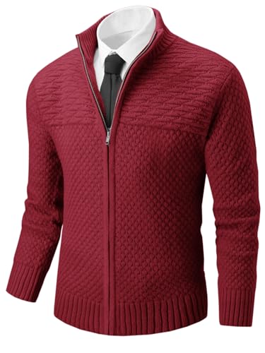 Runcati Mens Zip Up Cardigan Sweater Casual Stand Collar Textured Knit Ribbed Chunky Sweaters Burgundy