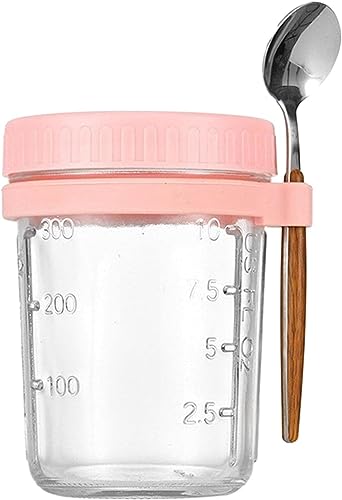 XRASKU Overnight Oats Jars with Lid, Airtight Oats Jars with Measurement Marks, Yogurt Fruit Salad Cereal Milk Vegetable Glass Storage Container ti-105121(Color:Pink)