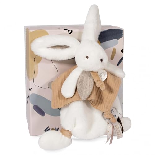 Doudou et Compagnie - Doudou Plat - Lapin Blanc et Beige - Happy Wild - Boite Cadeau - 25 Cm - Idée Cadeau Fille et Garçon - Garantie Doudou Perdu - DC3740
