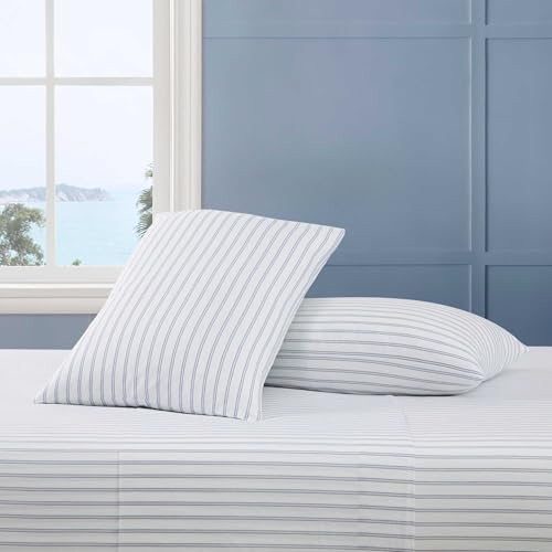Image of Tommy Hilfiger - Full Size Sheet Set, Crisp & Tailored Cooling Sheets with a Smooth Cotton Percale Lightweight Feel - Bed Sheets with Matching Pillowcases & Fitted Sheet (Joshua Tree Stripe Blue)