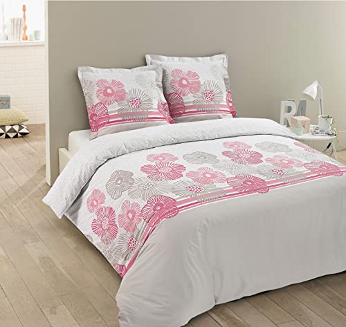 Vision - Parure de lit Flo - 100% Coton - Beige/Rose - Set de Housse de Couette 240x220 cm avec 2 taies d'oreiller pour lit Standard 2 Personnes - Fibres...