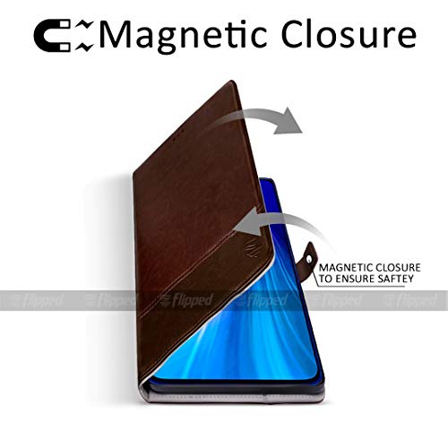 Image of FLIPPED Vegan Leather Flip Case Back Cover for iQOO 9 SE 5G (Flexible, Shock Proof | Hand Stitched Leather Finish | Card Pockets Wallet & Stand | Tan with Brown)