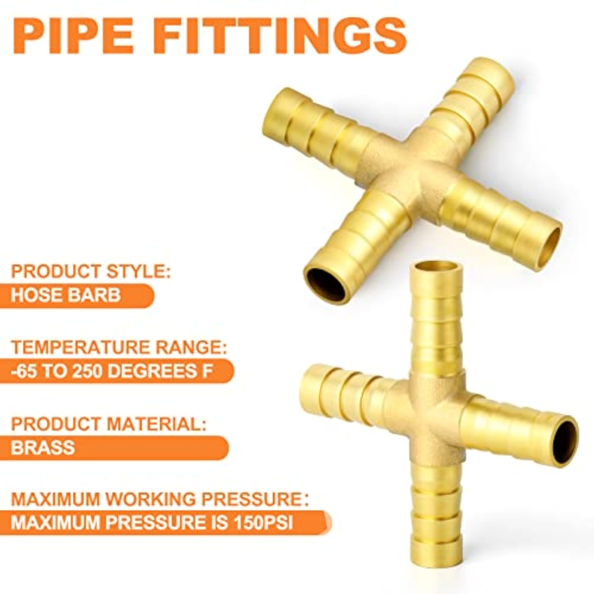 2PCS 1/4" Brass Hose Barb, 4-Way Hose Fitting with Clamps