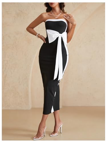 Women's Bow Color Block Maxi Tube Dress Strapless Split Hem Bodycon Cocktail Party Dresses4