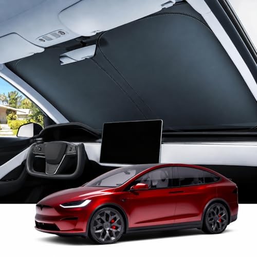 REEVAA Upgraded for Tesla Model X 2021-2026 Windshield Sunshade [Tailored Fit 99% Sun Protection] Foldable Sun Shade Car Accessories with Storage Bag