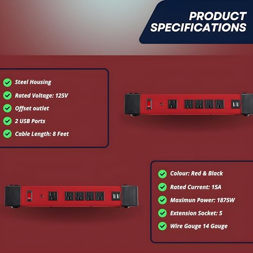 U.S. GENERAL Multitoma robusto de 5 tomas con 2 puertos USB y cable con tierra de 8 pies (rojo) miniatura 6