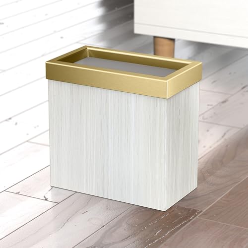Image of Gatco Modern Rectangle Wastebasket, White Oak /Brushed Brass Lid - Stainless Steel Trash Can with Removable Lid, Leakproof, 3 Gallon Capacity for Bathroom, Bedroom, Kitchen, or Office