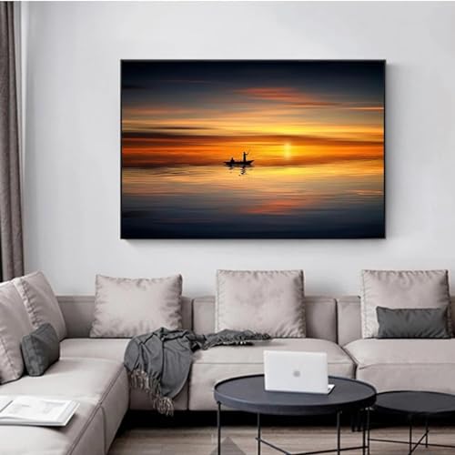 Affiche paysage moderne en toile pour salon zen avec silhouette d'homme au crépuscule orange