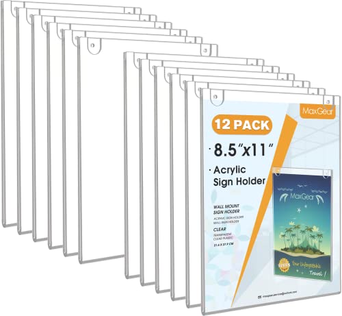 Image of MaxGear Wall Mount Sign Holder, 8.5 x 11 Vertical, 12 Pack | Includes Adhesive Tapes and Screws, Clear Acrylic Display for Signs, Notices and Documents, Ideal for Office, Home, Store