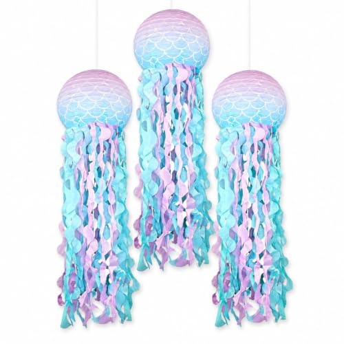 Wanna Party Set of 3 Blue Pink Hanging Jellyfish Paper Lanterns - Under The Sea Party & Mermaid Birthday Decorations, Baby Shower, Nautical Events, Ocean Theme Classroom & Beach Room Décor