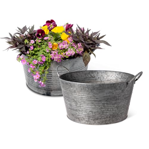 Gardener's Supply Company Galvanized Planter | Indoor Outdoor Sturdy Vintage Style Wash Basin Farmhouse Metal Tub Container with Handles | Medium & Large (Set of 2)