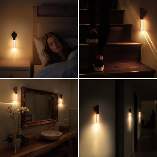 Image of Rechargeable Motion Sensor Wall Sconce, Walnut Wood, 4 Pack | Four magnetic peel-and-stick indoor night lights for coordinated hallways, stairs, bathrooms, bedrooms, and closets