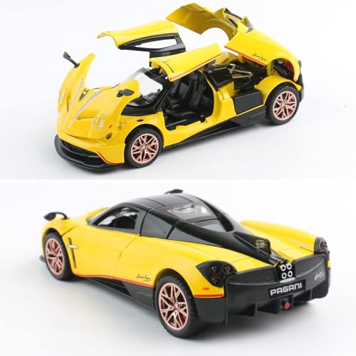 Image of 1 /32 Pagani Huarya Roadster Exclusive Alloy Metal Pull Back Die-Cast Toy Car with Openable Doors & Light Music Collectible Sound Light Toy for Kids Best Birthday Gift (Yellow)