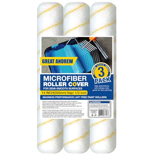 Great Andrew 3-Pack Paint Roller Covers, 14 Inch 1/2' Nap Microfiber Roller Sleeves for Walls, Ceilings, Smooth & Semi-Smooth Surfaces