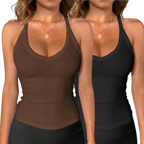 Women Workout Tank Tops V Neck Racerback Going Out Ribbed Basic Slim Fit Yoga Gym Shirts 2025 Summer Camisole