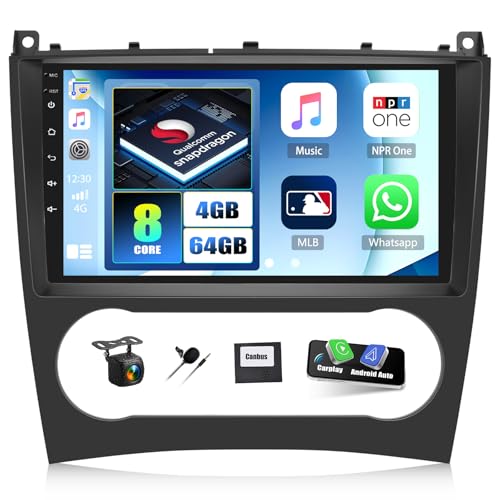 CAMECHO Snapdragon 8-Cœurs 4+64G Android 15 Carplay Autoradio pour Mercedes Benz Classe C W203 W209 C180 C200 2005-2009, Nav DSP, 9