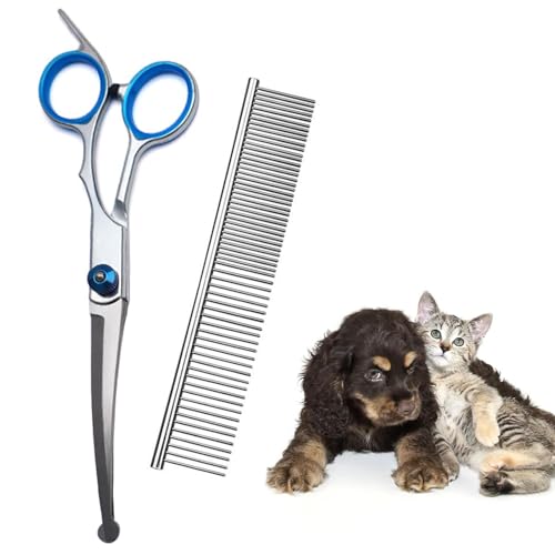 Hunde Scheren Gebogen, Edelstahl Fellschere für Hunde und Katzen, hundeschere gebogen und Stahlkamm, Runde Sicherheitsspitze, Ergonomisch und Leise, Professionelle Haustier-Grooming Schere