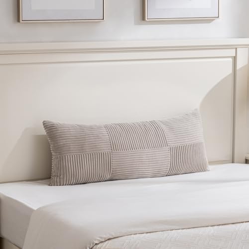 Image of Fancy Homi Set of 2 Neutral Taupe Boho Long Lumbar Body Decorative Throw Pillow Cover 14x36 Inch for Bed Couch Bedroom Bench, Soft Patchwork Corduroy Textured Pillow Case, Farmhouse Room Decor