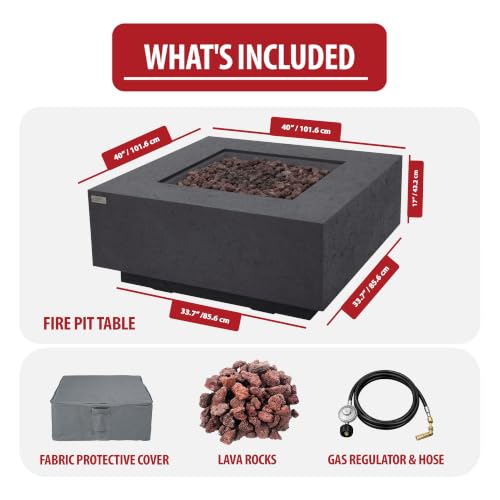 Image of AMS Creations | Brooklyn 40 inch Square Natural Gas Outdoor Fire Pit Table | Dark Gray Concrete GFRC Limestone Texture Surface Fire Pit Table