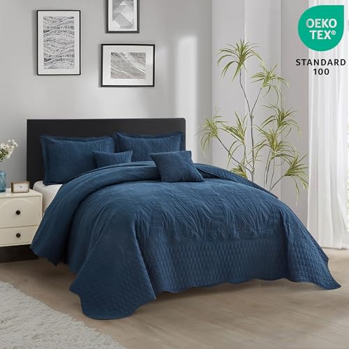 Image of Bedspread oversized King 120x118,Beautiful Leaf Stitching,5 PC, Navy