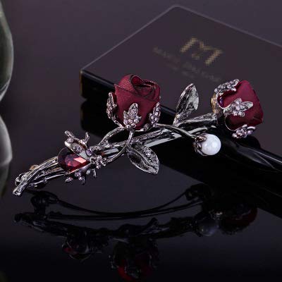 Elegant Rhinestones Rose Flower Metal Hair Clips Hair Barrette Ponytail Holder Slide Clips Hair Jewelry For Wedding,Party (Red) #TOP1