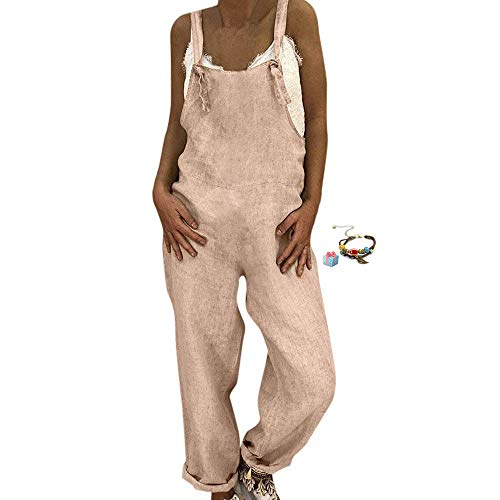 Petos de Pantalones Retro Largo Casual para Mujer, Morbuy Verano Lino Baggy Harem Mono Suelto Moda Bolsillos Overoles Jumpsuit Tirantes Playa Fiesta Oficina Pantalón (M,Caqui)