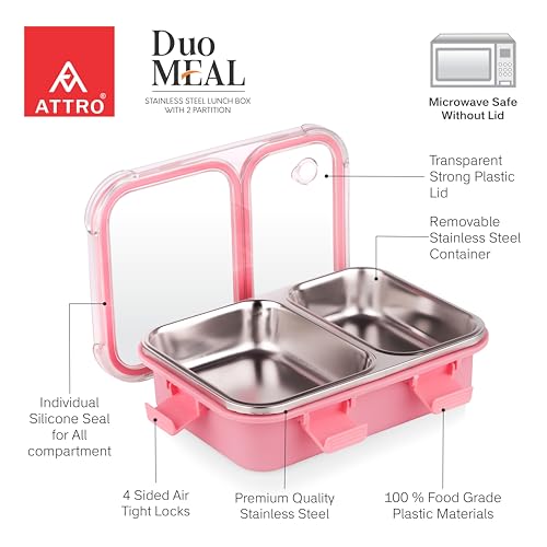 Image of ATTRO Duo Meal Stainless Steel Lunch Box with 2 Partition, Microwave Safe, Airtight Leakproof Silicone Seal Lid, BPA-Free Food Grade Tiffin Box for Office School Kids - 650ml - Pink