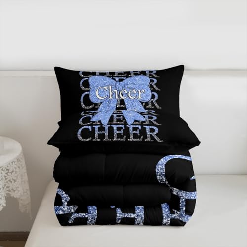 Image of Feelyou Cheer Bow Bedding Set Soft for Boys Girls, Cheerleader Comforter Set Toddler Size Funny Sport Duvet Quilt Microfiber Blue Bedroom Decor 2 Pcs with 1 Pillow Cases
