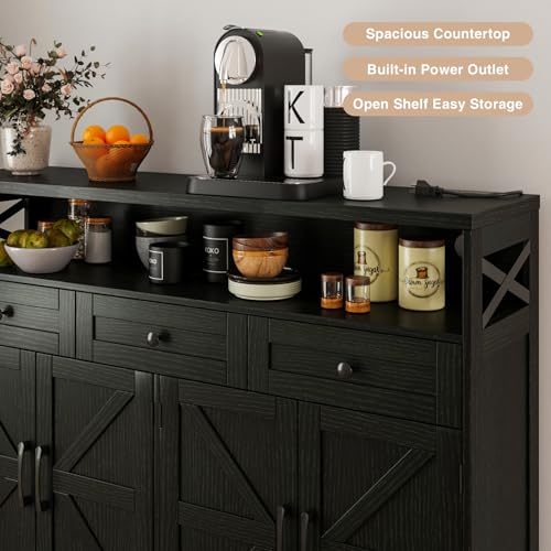 Image of 51 inch Black Buffet Sideboard Cabinet with Storage, Farmhouse Kitchen Storage | Pantry Cabinet with Drawers, Wood Cupboard Hutch, Coffee Bar Station Table for Kitchen, Living Room, Dining Room