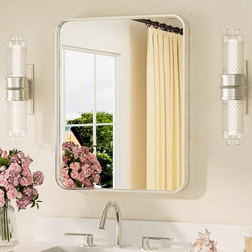 TETOTE 40x50cm Wandspiegel Nickel Ohne Beleuchtung, Rechteckig Badspiegel mit Runder Ecke,...